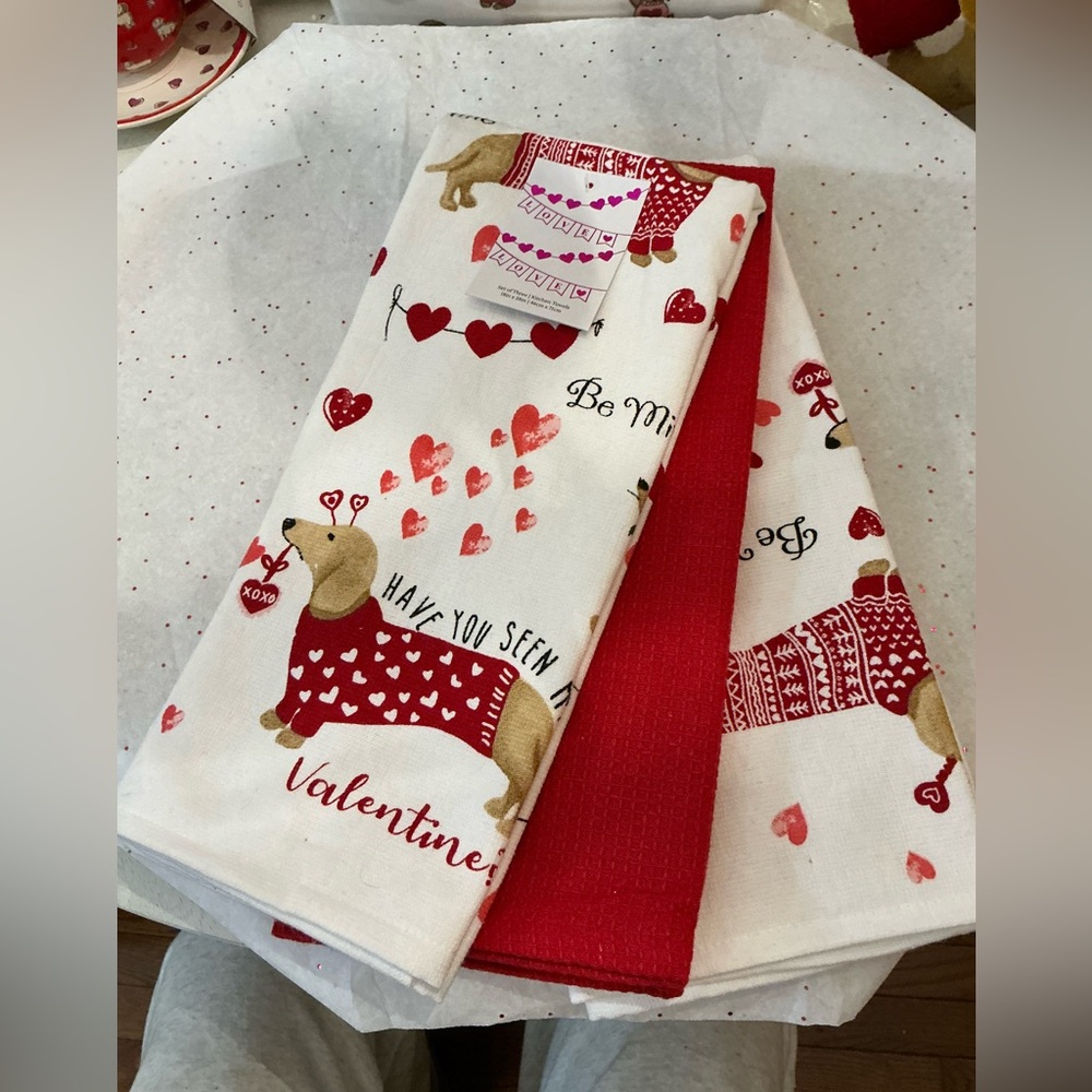 Dachshund Valentine Kitchen Towels Set of 3, 2 with doxies, one solid red